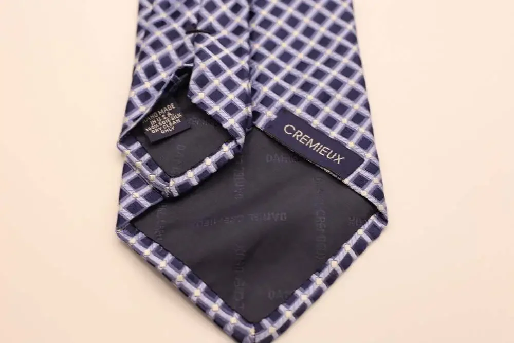 Daniel Cremieux Blue and White Diamond Grid Pattern 100% Silk Handmade Necktie